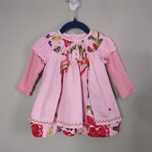 Catimini Pink/Red Corduroy Floral Print Layered Bubble Dress Size 12 Months